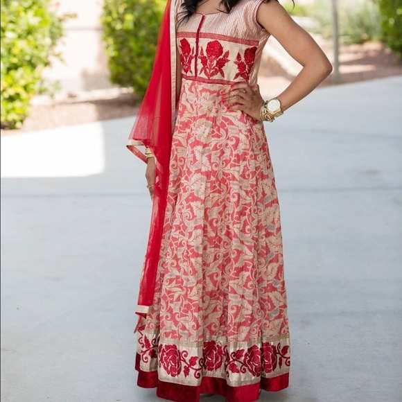 Anarkali - floral red and gold sleeveless