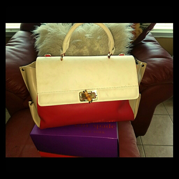 Red, beige and white bag