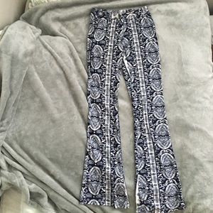 Bell bottom stretchy blue and white printed pants