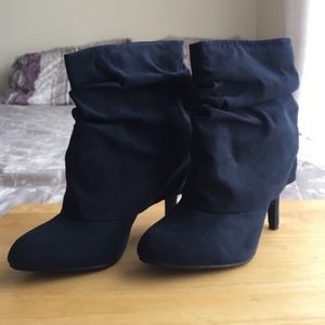 Navy Blue Suede Ruched Ankle Booties