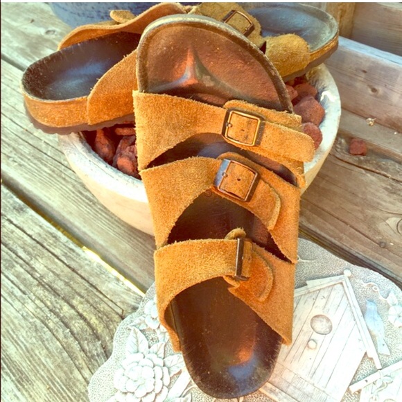 Brown leather 3 strap Birkenstocks