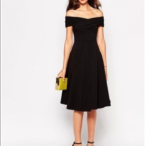 ASOS off the shoulder black skater dress