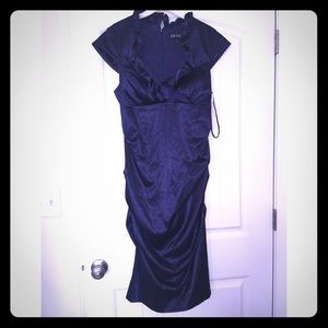 Navy blue satin dress stretch fitted party dress