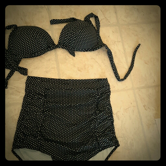 Black and white polka dot two piece bathing suit