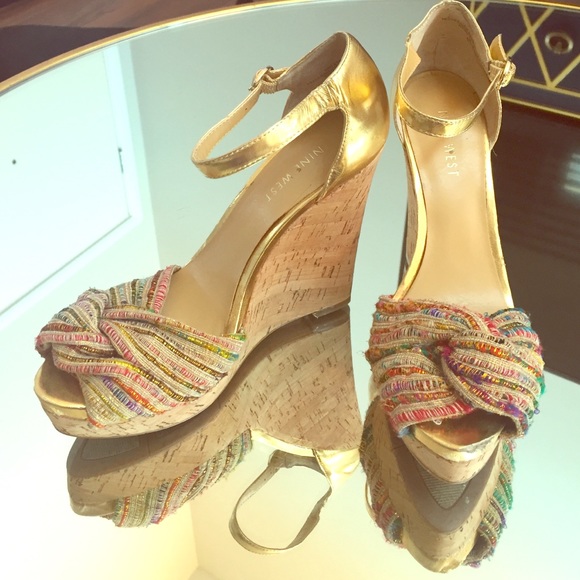 Fun colorful peep toe wedges with gold details