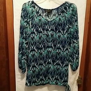 Blouse, sheer with a blue tank top underneath. 2X