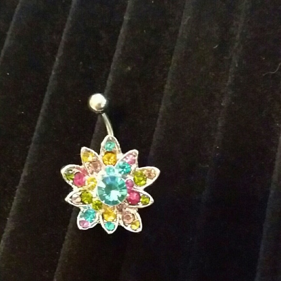 Multi color rhinestone flower belly ring