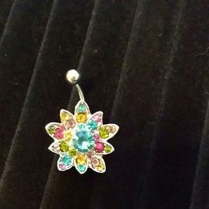Multi color rhinestone flower belly ring