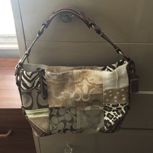 Coach Carly Tan Brown & Gold Patchwork Hobo