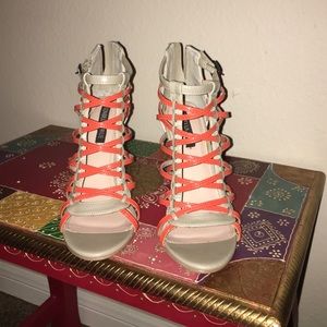 Nude and Orange Open Toe Heels