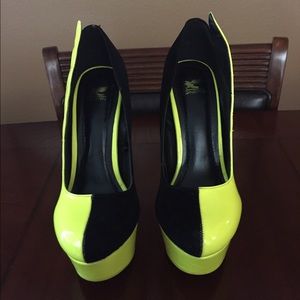 Neon Yellow & Black Suede Stillettos