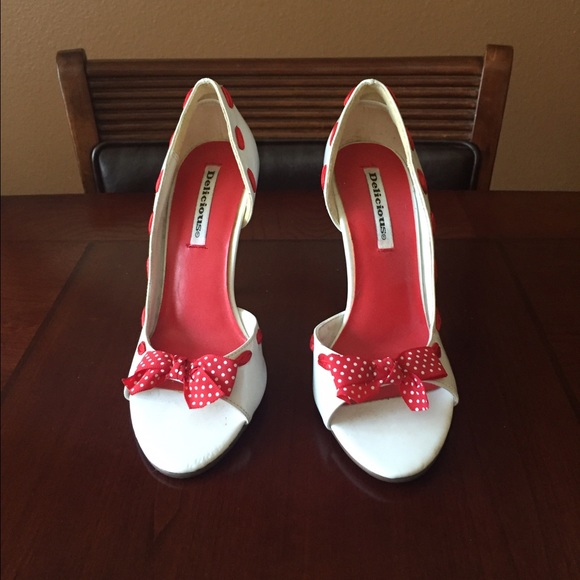 Red & White Peep Toe Pumps