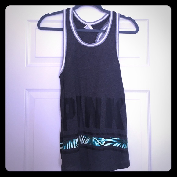 PINK Victoria's Secret Tops - Pink tropical razorback dark grey shirt