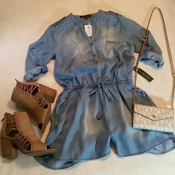 Haute Monde Pants - DENIM SHORTS ROMPER CHAMBRAY WITH FADING