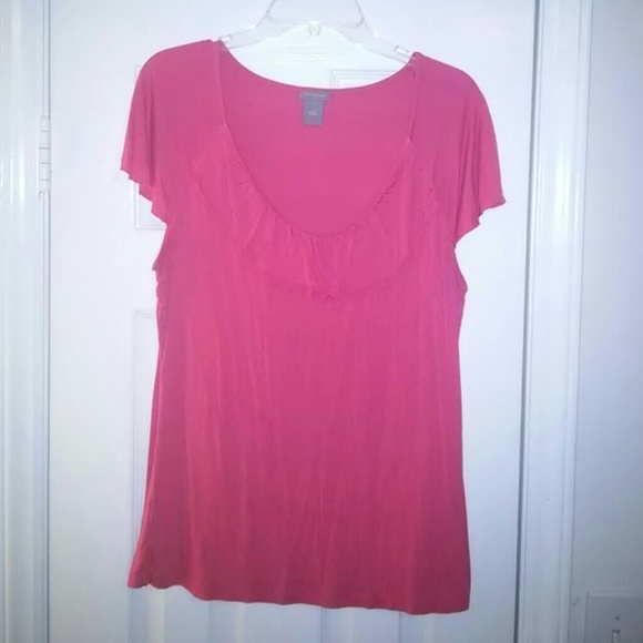 Bright coral top w/ruffled neckline