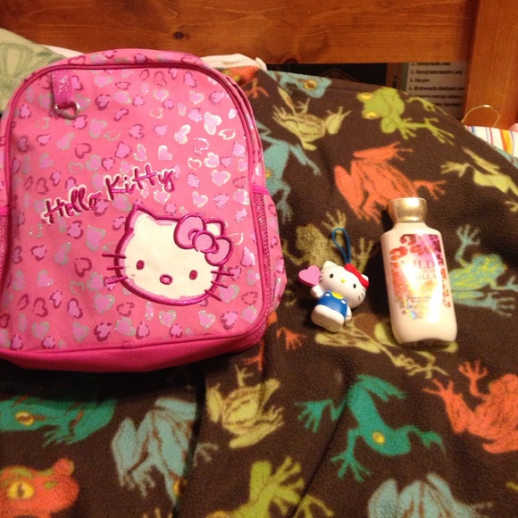Hello kitty backpack, toy, and BBW lotion