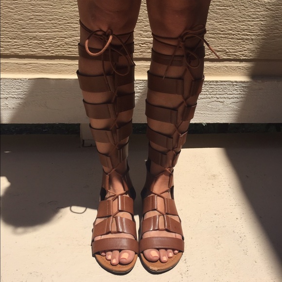 Tan Leather Knee High Gladiator Sandals