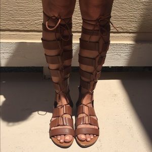 Tan Leather Knee High Gladiator Sandals