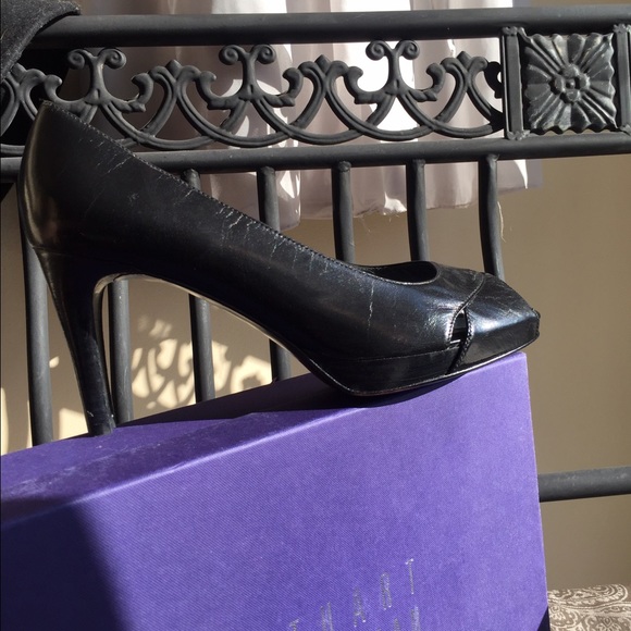 Black leather high heels shoes