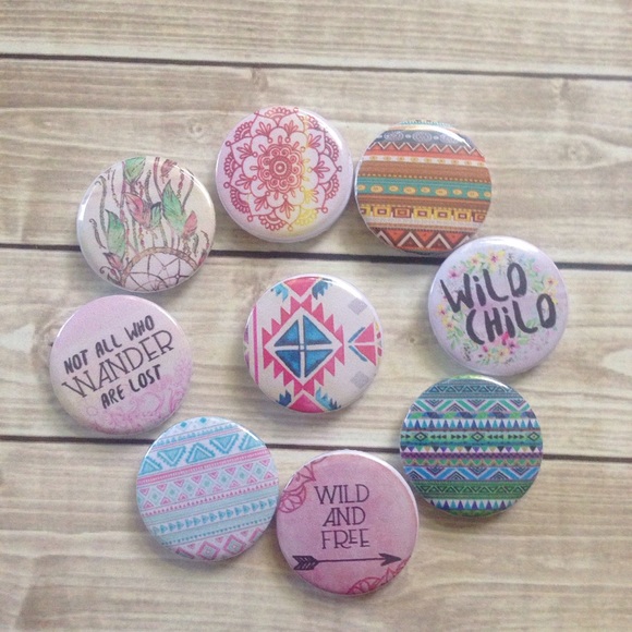 Set of 9 boho pin back buttons brooch - Picture 2 of 3