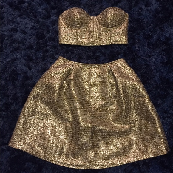 Metallic tube top crop and skater skirt set