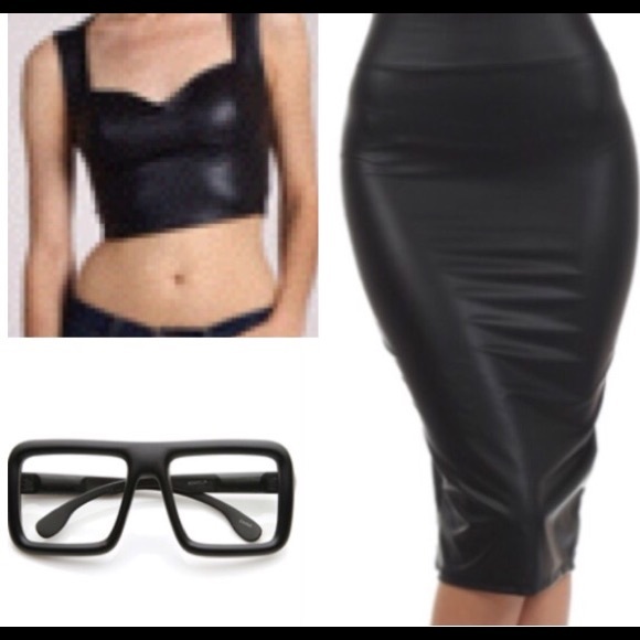 Faux leather skirt, crop top and chic glasses