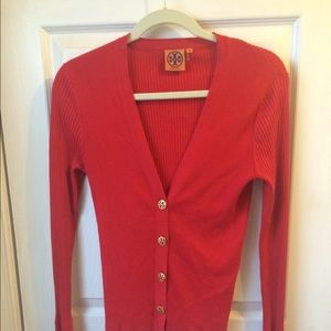 Tory Burch Ribbed Simone Cardigan Size Medium, Red