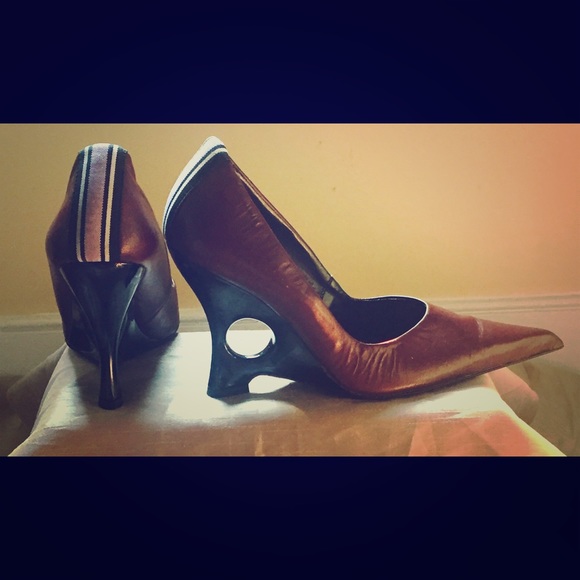Brown leather stiletto wedges