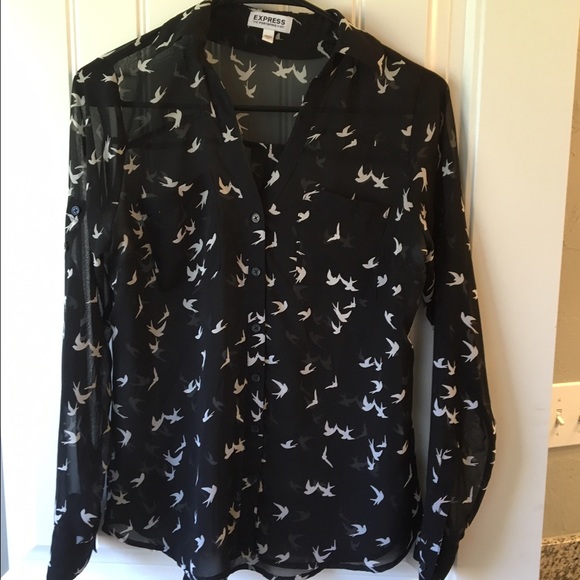 Express Portofino Shirt-sheer black w/ white birds