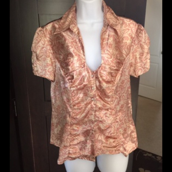 Beautiful pink and tan satin blouse.