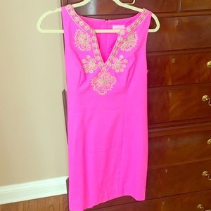 Pink Lilly Pulitzer dress with gold embroidery