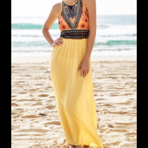 Yellow Geometric Tribal Maxi Dress S - Picture 1 of 3