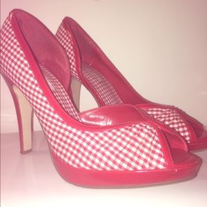 Red and White peep toe heels