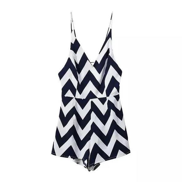 Pants - ✨THE LEO BLUE WHITE CHEVRON ROMPER NWT❤️