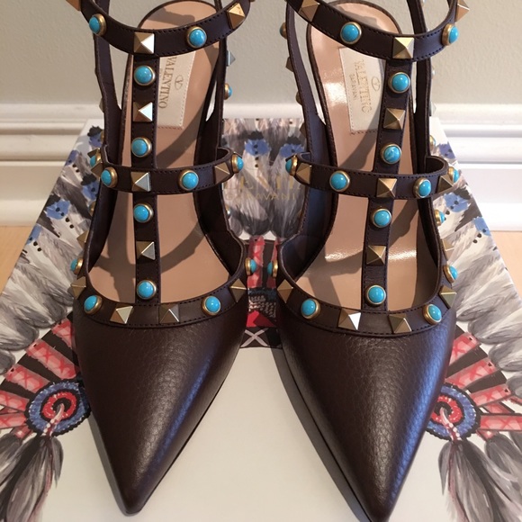 Valentino Shoes - Valentino Rockstuds Leather T-Strap Pump, Brown