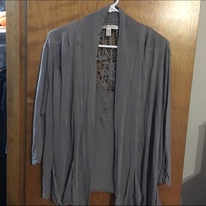 Grayish brown knit top,  lace embellished back