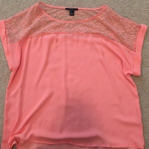 Light salmon cuffed lace short sleeve shirt.