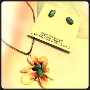 Genuine turquoise earrings + flower necklace combo