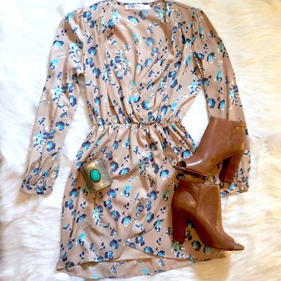 Leather and Sequins Dresses & Skirts - Mocha Nude Blue Floral Petal Wrap Dress