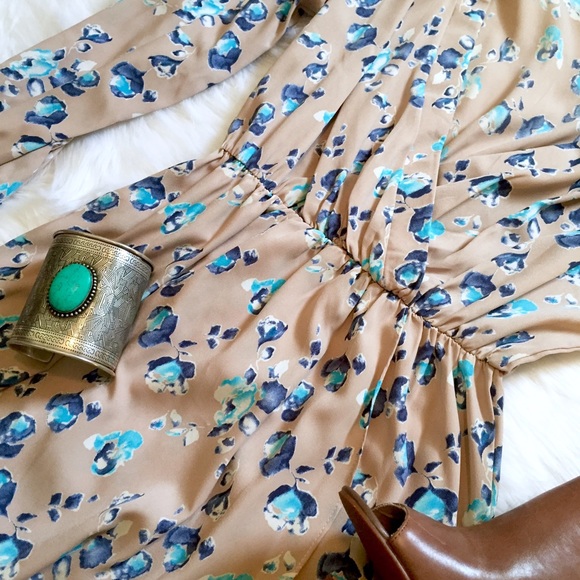 Mocha Nude Blue Floral Petal Wrap Dress - Picture 4 of 4