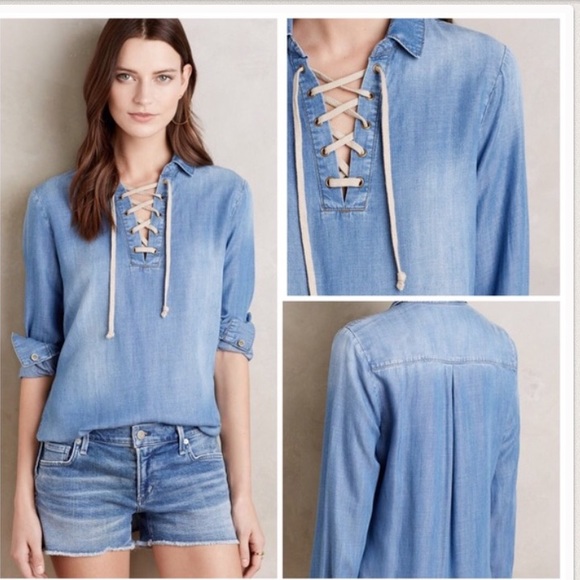 Anthropologie Chambray lace-up top