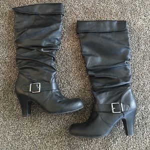 "Leather" black mid calf heeled boots