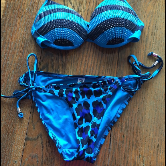 2 piece turquoise and black bikini VS PINK EUC