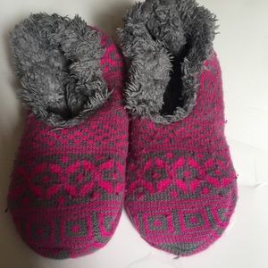 Pink and gray slippers.