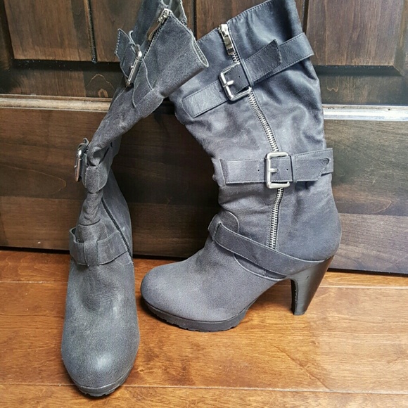 Gray mid calf boot with  heel