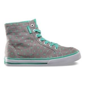 Gray & turquoise polkadotted high top vans