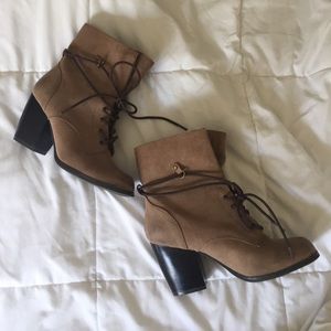 Qupid Lace Up Ankle Tan Boots Faux Suede