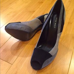 Nine West peep toe pumps in black and grey suede