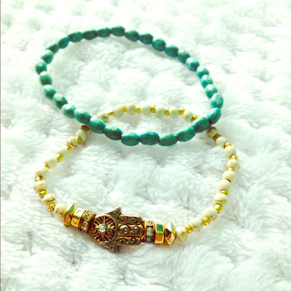 Turquoise and white and cream hand bracelet