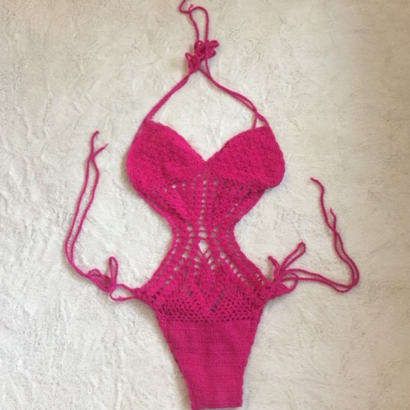 Pink one piece crochet bathing suit